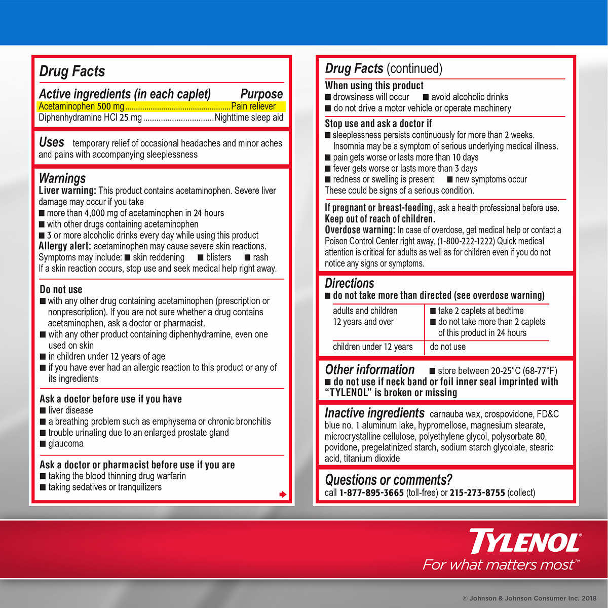 Tylenol PM Extra Strength Acetaminophen 500 mg Pain Reliever & Sleep Aid, 225 Caplets